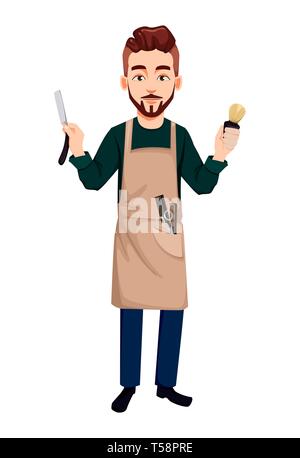 Barber man in hipster style holding straight razor and shaving brush. Handsome cartoon character. Beard shave service. Vector illustration isolated on Stock Vector
