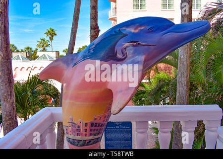 St. Pete Beach, Florida. January 25, 2019. Colorful Dolphin statue on balcony of The Don Cesar Hotel. The Legendary Pink Palace of St. Pete Beach (2) Stock Photo