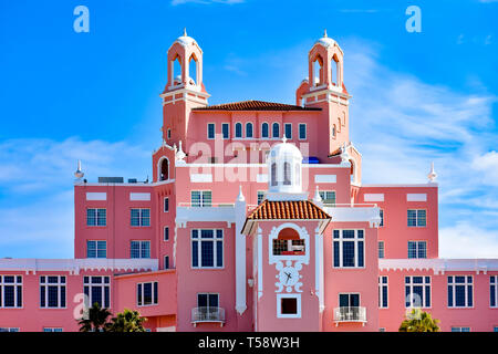 St. Pete Beach, Florida. January 25, 2019. Top view of The Don Cesar Hotel on lightblue cloudy sky background The Legendary Pink Palace of St. Pete Be Stock Photo