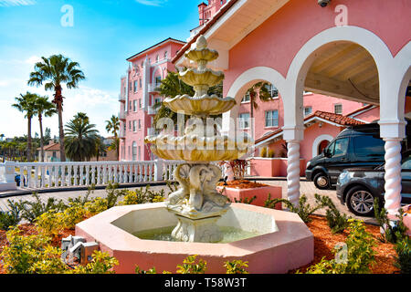 St. Pete Beach, Florida. January 25, 2019. Vintage Fountain close to main entrance of The Don Cesar Hotel. The Legendary Pink Palace of St. Pete Beach Stock Photo