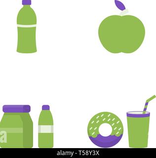 School breakfast, water bottle, donut, apple vector flat icons, food vector illustration Stock Vector