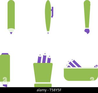 Felt pen, pen, pencil, pencil case flat icons, stationery illustration Stock Vector