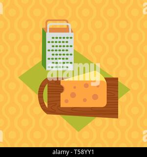 Cartoon cheese slice and grater on textured tablecloth. Stock Vector