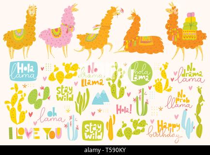 Set of lama, cactuses and funny design elements.  Stock Vector