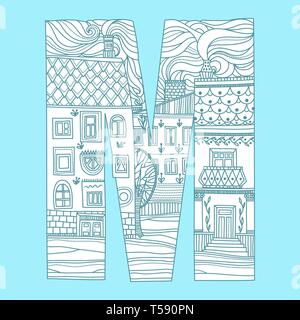 beautiful letter M Coloring anti-stress page. Page coloring in the book. The letter of the alphabet drawn by hand. The letter M in which the painted t Stock Vector