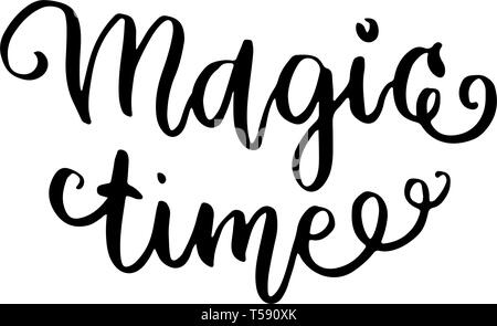 Magic time. Christmas written on white background. Modern calligraphy and hand drawn design elements. Hand painted letters. Christmas greetings. Vecto Stock Vector