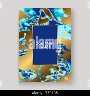 Navy blue marble luxurious texture paint artistic, wedding invitation design. Decorative splash fluid on golden background, vector Illustration. Trend Stock Vector