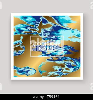 Navy blue marble luxurious texture paint artistic, wedding invitation design. Decorative splash fluid on golden background, vector Illustration. Trend Stock Vector