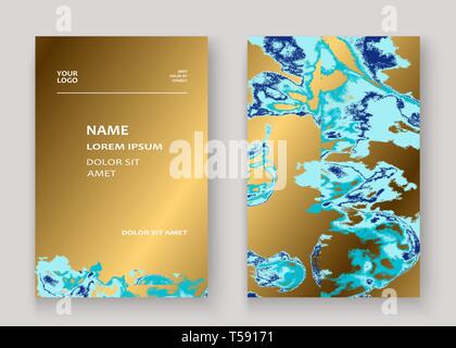Navy blue marble luxurious texture paint artistic, wedding invitation design. Decorative splash fluid on golden background, vector Illustration. Trend Stock Vector