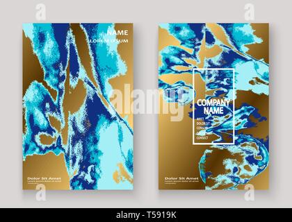 Navy blue marble luxurious texture paint artistic, wedding invitation design. Decorative splash fluid on golden background, vector Illustration. Trend Stock Vector