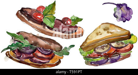 Sandwich in a watercolor style isolated. Watercolour fast food illustration element on white background. Stock Photo