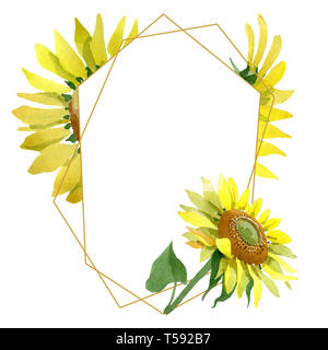 Sunflower wreath, golden round frame of yellow flowers, hand painted ...