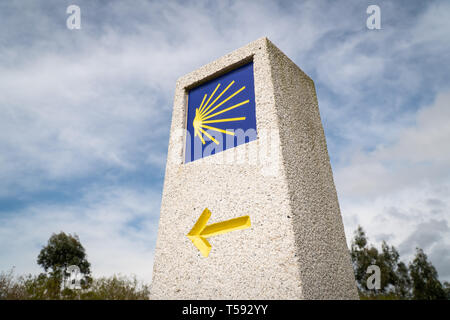 Camino de Santiago milestone. Pilgrimage sign to Santiago de Compostela Stock Photo