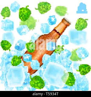 Realistic brown bottle of beer flies out from ice cubes among flying depth of field hop cones and ice on white Stock Vector