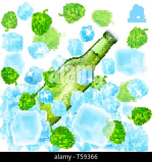 Realistic green bottle of beer flies out from ice cubes among flying depth of field hop cones and ice on white Stock Vector