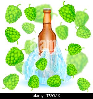 Realistic mock up green bottle of beer frozen-in iceberg among depth of field hop cones on white Stock Vector