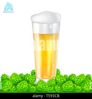 Realistic mock up long glass of beer stand among hop cones on white background Stock Vector