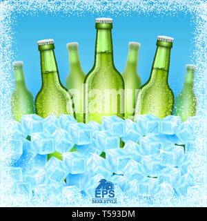 Seven realistic mock up green bottle of beer among ice cubes on blue background. Vector illustration three bottle sharp and four bottles depth of fiel Stock Vector