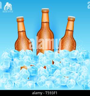 Three realistic mock up brown bottle of beer among ice cubes on blue background Stock Vector
