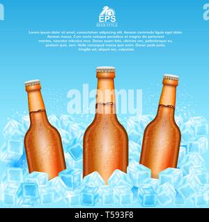 Three realistic mock up brown bottle of beer in ice cubes on blue background Stock Vector