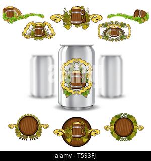 Three realistic mock up can of beer and set of luxury labels on white background. Vector illustration one can sharp and two cans depth of field Stock Vector