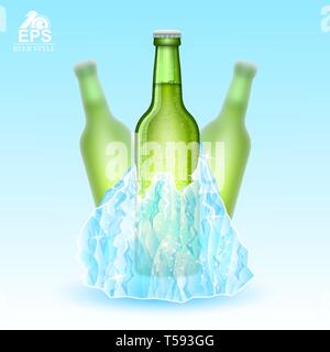Three realistic mock up green bottle of beer frozen-in iceberg on blue background. Vector illustration one bottle sharp and two bottles depth of field Stock Vector