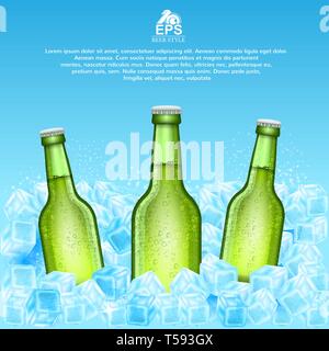 Three realistic mock up green bottle of beer in ice cubes on blue background Stock Vector