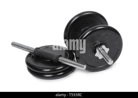 Parts of professional adjustable dumbbell, rod and weight plates isolated on white. Exercise equipment Stock Photo