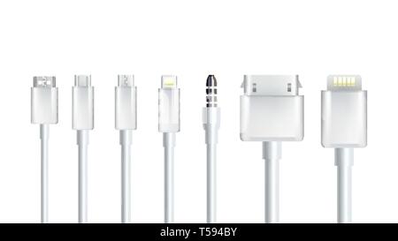 Realistic Different Cables Connection Set Vector Stock Vector