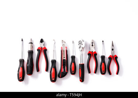 Building tools repair set isolated on white background. Top view. Copyspace Stock Photo