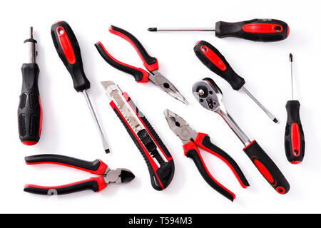 Building tools repair set pattern isolated on white background. Top view. Stock Photo