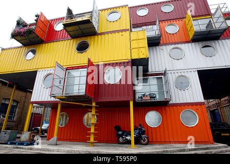 Container City in East London's Trinity Buoy Wharf apartments by using recycled old shipping containers as rooms. London. 15/09/2009 Stock Photo