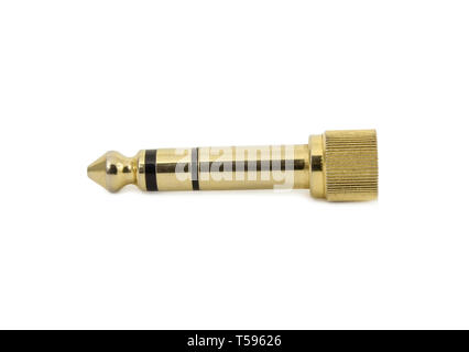 Gold-plated plug for audio equipment isolated on white background Stock Photo
