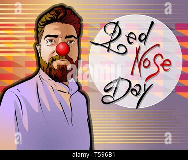 Vector illustration dedicated to the Red Nose Day. A smiling middle-aged man in a coat has a red nose on his face.Beautiful handwritten font. Could be Stock Vector