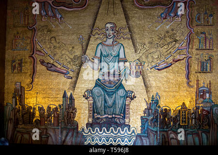 The Queen of Lake Mälaren depicted in ornate glass and gold mosaic by Einar Forseth in the Golden Hall in Stockholm City Hall Stock Photo