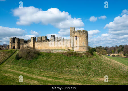 Gateway, Record Tower and Lion Bridge at Alnwick Castle in Northumberland, England, UK Stock Photo
