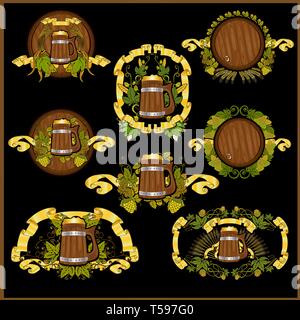 Set of beer label with barrels, mugs and hop pattern Stock Vector