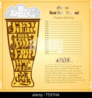 menu color background. Best festival big bar beer foam lettering on silhouette of glass Stock Vector