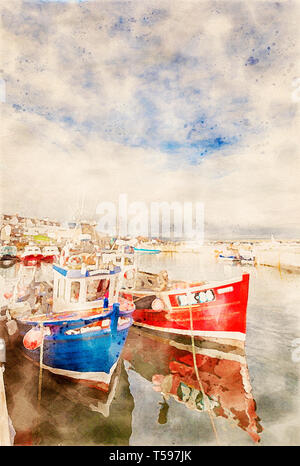 Watercolour effect from a photograph of Seahouses harbour on the Northumberland Coast Area of Outstanding Natural Beauty, England, UK Stock Photo