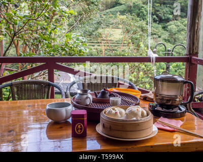 Maokong, Taiwan - October 19, 2016: A gongfu tea table with accessories in a local tea house on the hills of Maokong Taiwan. Asia Stock Photo