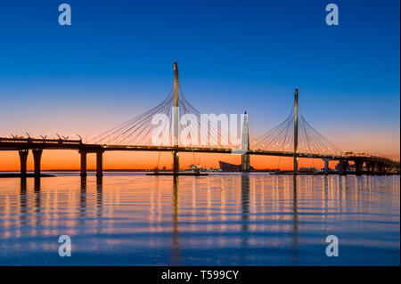 Cable bridge of Saint-Petersburg highway over Neva river, Russia. Stock Photo
