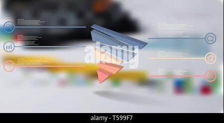 3D illustration infographic template with embossed triangle randomly divided to six shifted parts Stock Vector