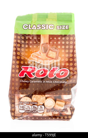 Winneconne, WI -  15 April 2019: A package of Rolo chewy caramels on an isolated background Stock Photo