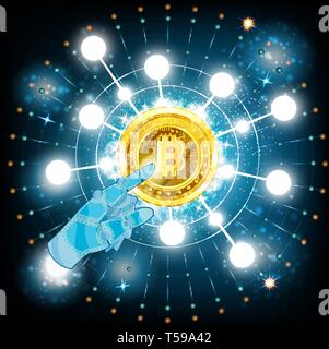 Business background on blue with golden bit coin in center and mechanic handpointer Stock Vector