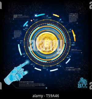 Business background on blue with golden bit coin in center of round hightech futuristic info graphic Stock Vector