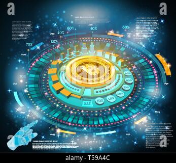 Business background with golden bit coin in center of round hightech futuristic info graphic and pointer Stock Vector