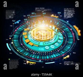 Business background with golden bit coin in center of round hightech futuristic infographic Stock Vector