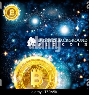 Golden bit coin in space in starry sky blue background Stock Vector