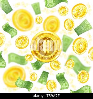 Golden bit coin in the center of flying coins and bamknotes with depth of field effect on white Stock Vector