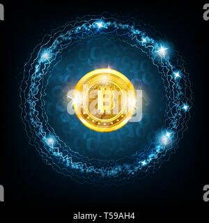 Golden bit coin in the center of round sphere with binary code on dark blue Stock Vector